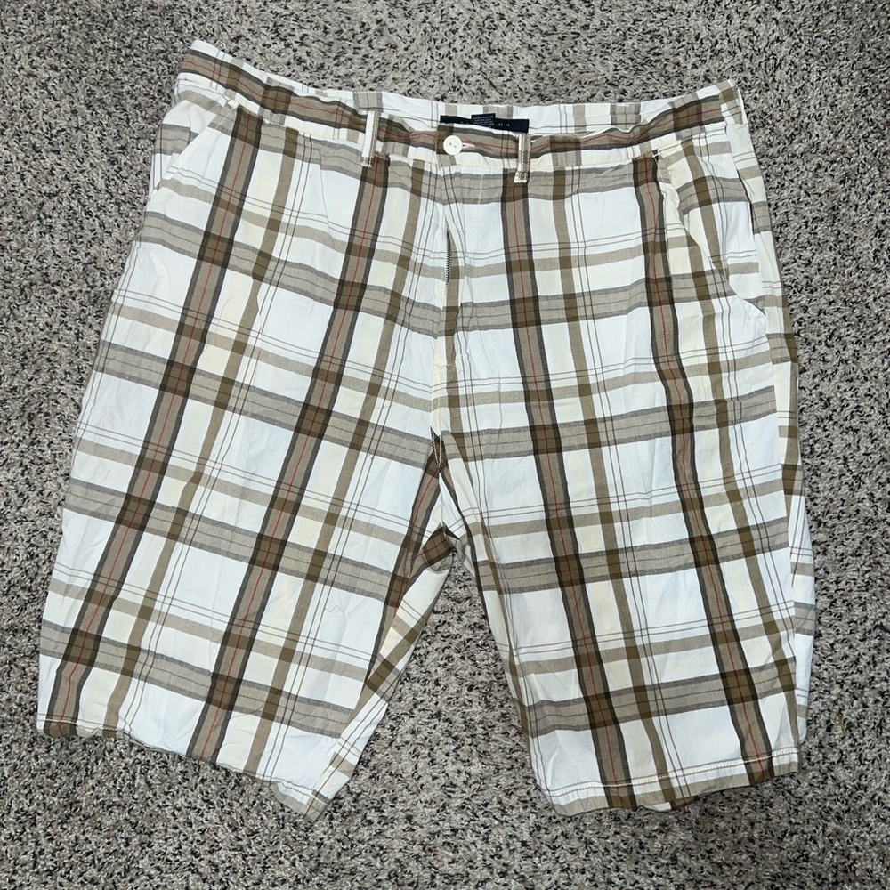 Sean John Mens Plaid Flat Front Cotton Shorts White Tan Brown Big Tall Pants 48